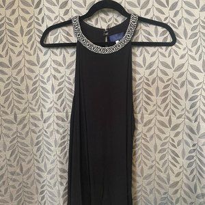 Francesca's Blue Rain Black Pattered Neckline Flowy Top